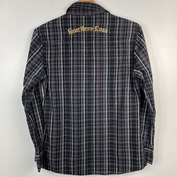 Iron Fist  Embroidered Brassknuckle Heartless Love  Snap Button Plaid Shirt Top - Picture 4 of 4